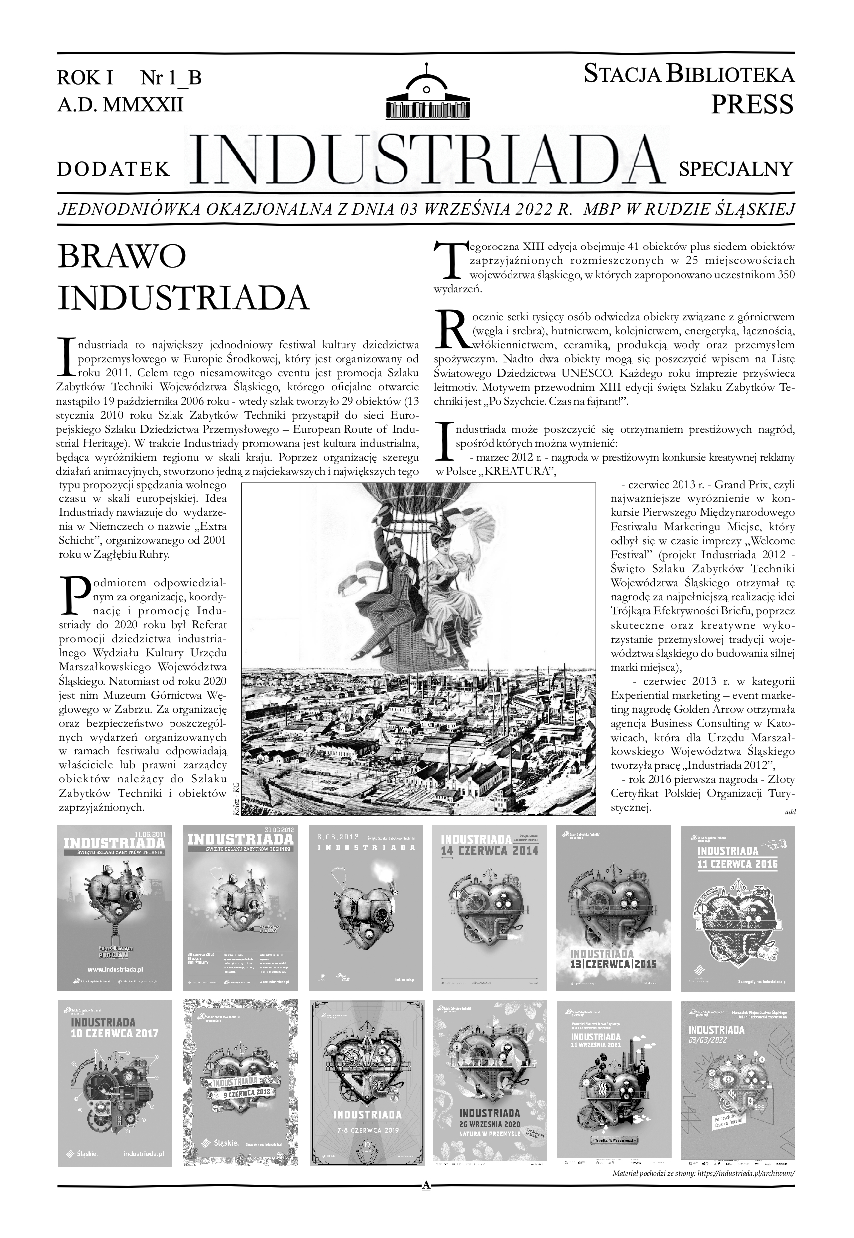 zdjęcie okładki Stacja Biblioteka Press: Dodatek INDUSTRIADA specjalny: jednodniówka okazjonalna z dnia 03 września 2022 r. MBP w Rudzie Śląskiej. Nr 1_B