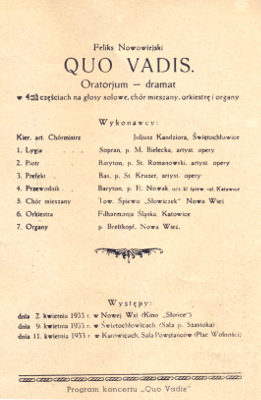 zdjęcie okładki Feliks Nowowiejski Quo Vadis. Oratorium - dramat w 4-ch częściach na głosy solowe, chór mieszany, orkiestrę i organy [...] [afisz]