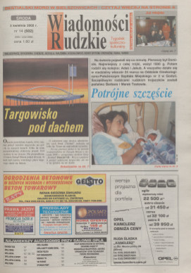 zdjęcie okładki Wiadomości Rudzkie : tygodnik samorządowy : Bielszowice, Bykowina, Chebzie, Godula, Halemba, Kochłowice, Nowy Bytom [...]. 2002. Kwartał 2.