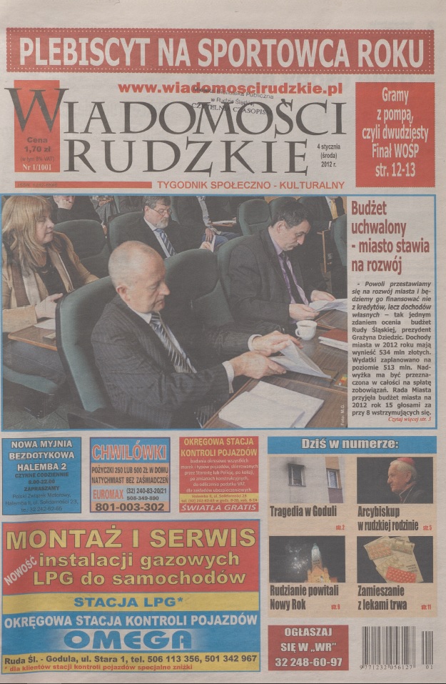 zdjęcie okładki Wiadomości Rudzkie : tygodnik samorządowy : Bielszowice, Bykowina, Chebzie, Godula, Halemba, Kochłowice, Nowy Bytom [...]. 2012. Kwartał 1.