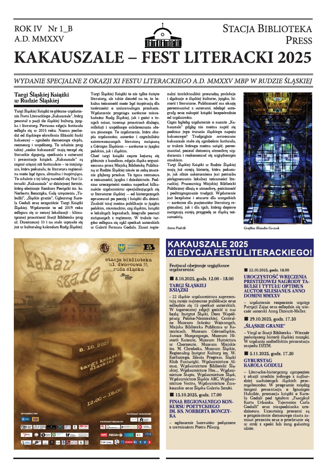zdjęcie okładki Stacja Biblioteka Press: Kakauszale - Fest Literacki 2025: wydanie specjalne z okazji XI Festu Literackiego A. D. MMXXV MBP w Rudzie Śląskiej. Rok IV Nr 1_B